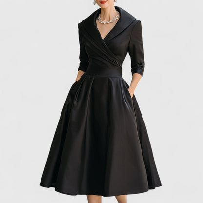 Elegant Satin Midi Dress for Women with Elbow Sleeve Shawl Collar Wrap Bodice Formal Wedding Guest Style