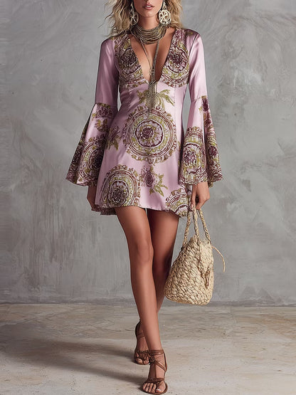 Elegant Pink Mini Dress for Women with Deep V Neck Flare Sleeve Totem Print
