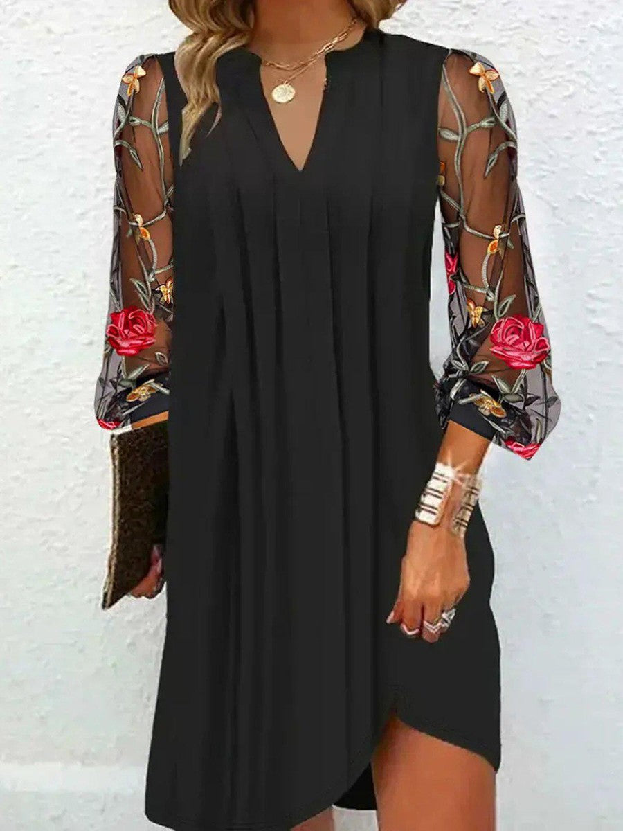 Elegant Black Floral Embroidered Mini Dress for Women with V Neck Balloon Sleeve Mesh Flowing Style