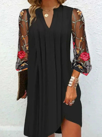 Elegant Black Floral Embroidered Mini Dress for Women with V Neck Balloon Sleeve Mesh Flowing Style