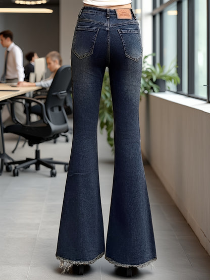 Effortless Medium Blue High Waisted Jeans for Women with Frayed Hem Flare Leg Relaxed Casual Style