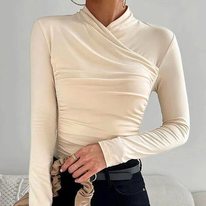 Effortless Ruched Going Out Top for Women with Wrap V Neck Long Sleeve Fitted Casual Style