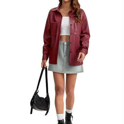 Effortless Leather Jacket for Women with Button Front Collared Oversized Shacket Style