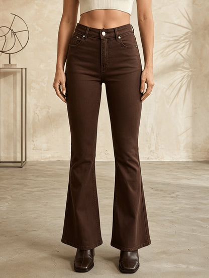Effortless Coffee Brown High Waisted Jeans for Women with Flare Leg Button Front Stacked Western Style