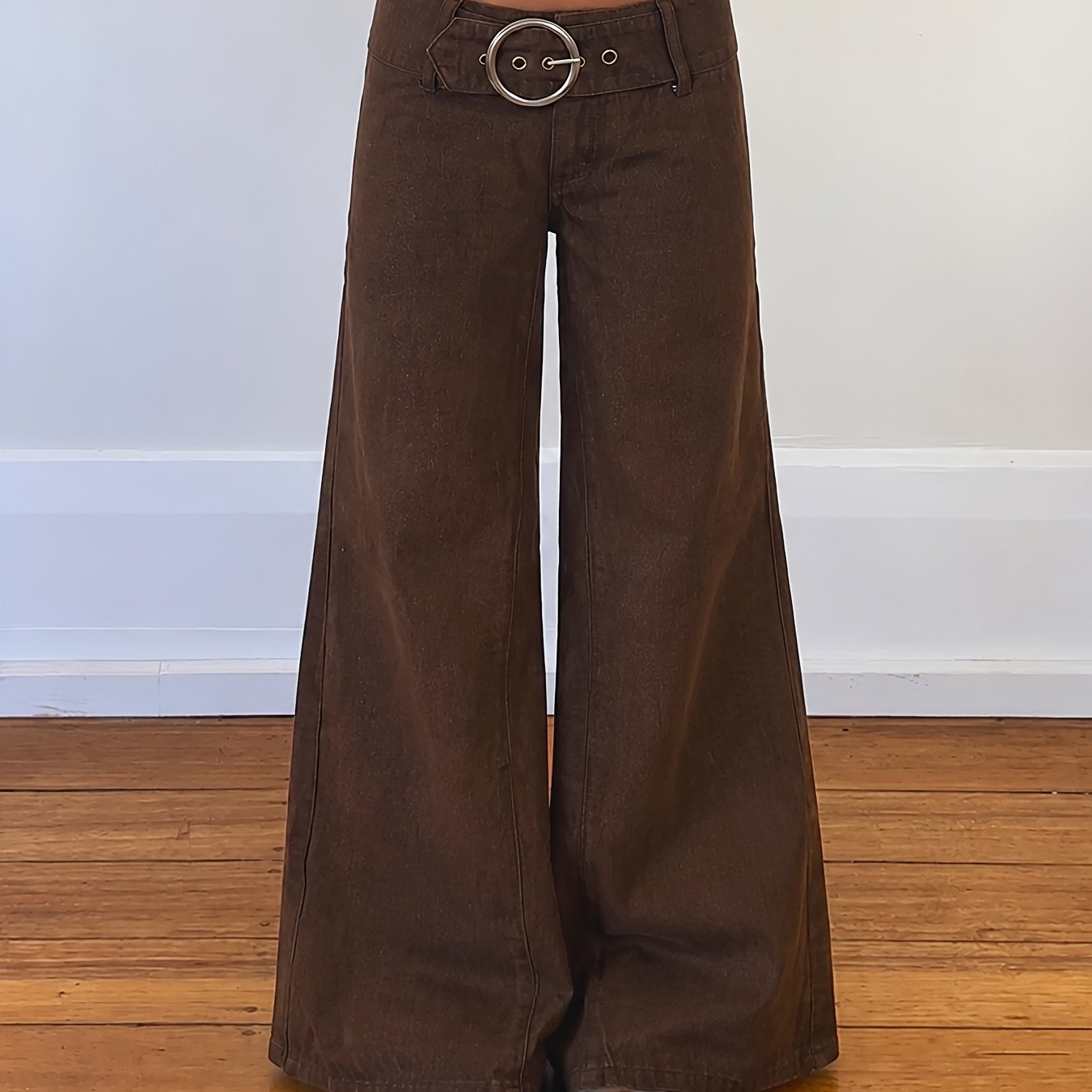 Effortless Dark Brown Buckle Jeans for Women with Low Rise Wide Leg Belted Relaxed Style