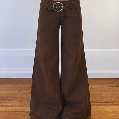 Effortless Dark Brown Buckle Jeans for Women with Low Rise Wide Leg Belted Relaxed Style