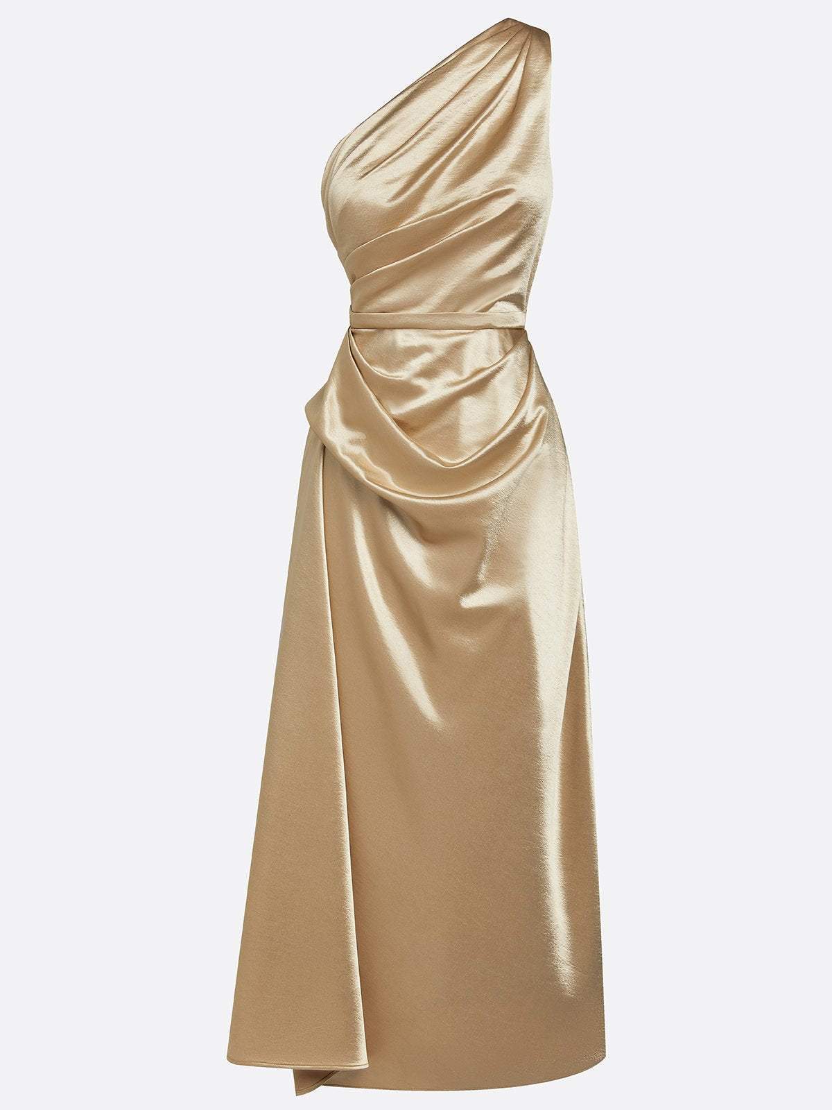 Elegant Champagne Wedding Guest Midi Dress for Women with One Shoulder Ruched Satin Formal Style
