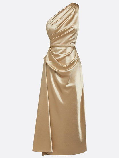 Elegant Champagne Wedding Guest Midi Dress for Women with One Shoulder Ruched Satin Formal Style