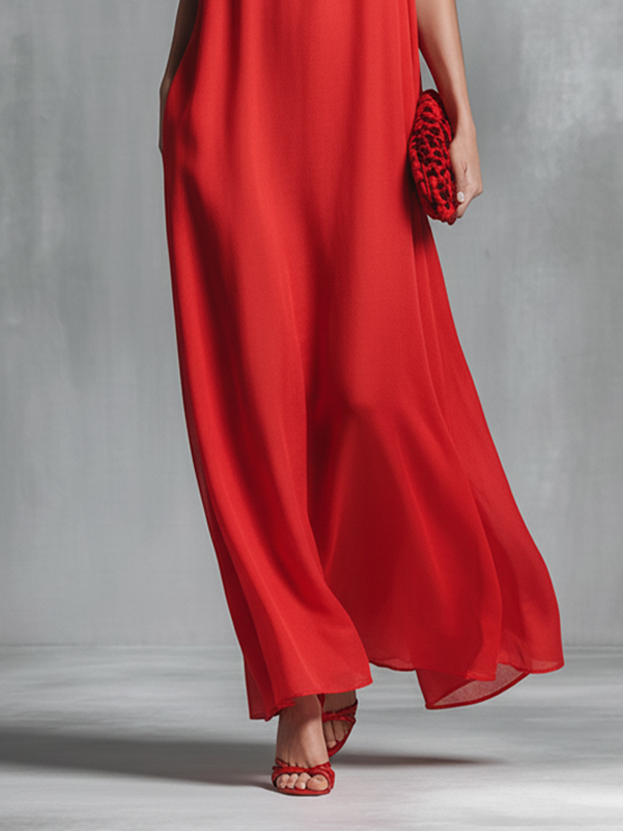 Effortless Red Dress for Women with V Neck Spaghetti Strap Loose Chiffon Flowing Casual Maxi Style