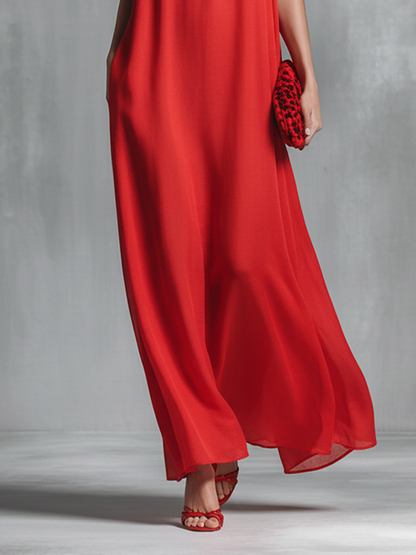 Effortless Red Dress for Women with V Neck Spaghetti Strap Loose Chiffon Flowing Casual Maxi Style