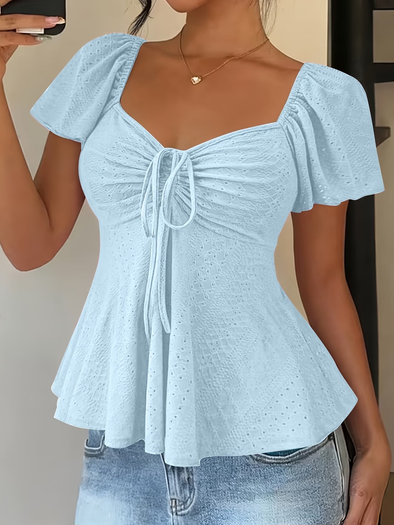Elegant Eyelet Going Out Top for Women with Sweetheart Neck Flutter Sleeve Ruched Peplum Style