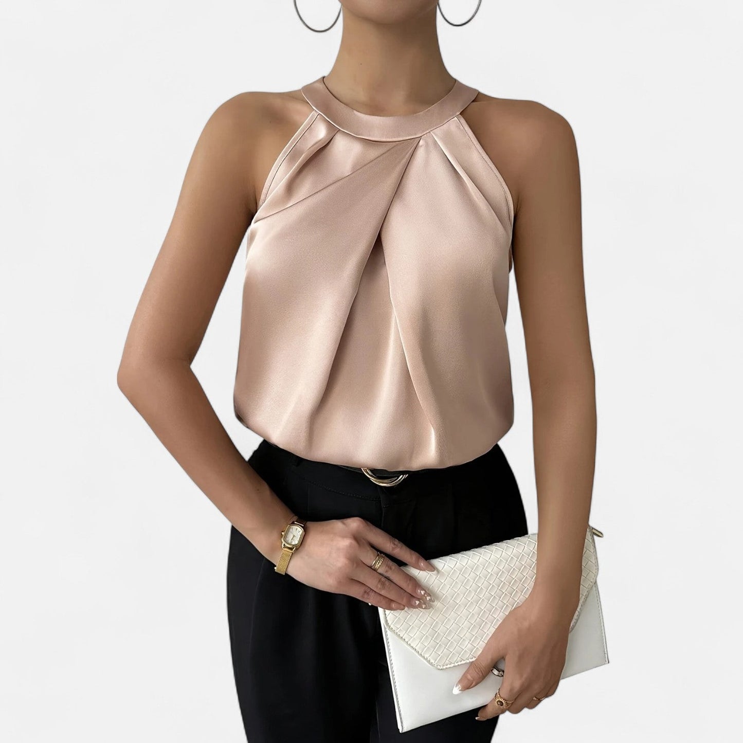 Lorraine | Women’s Elegant Pleated Front Draped Satin Tanks