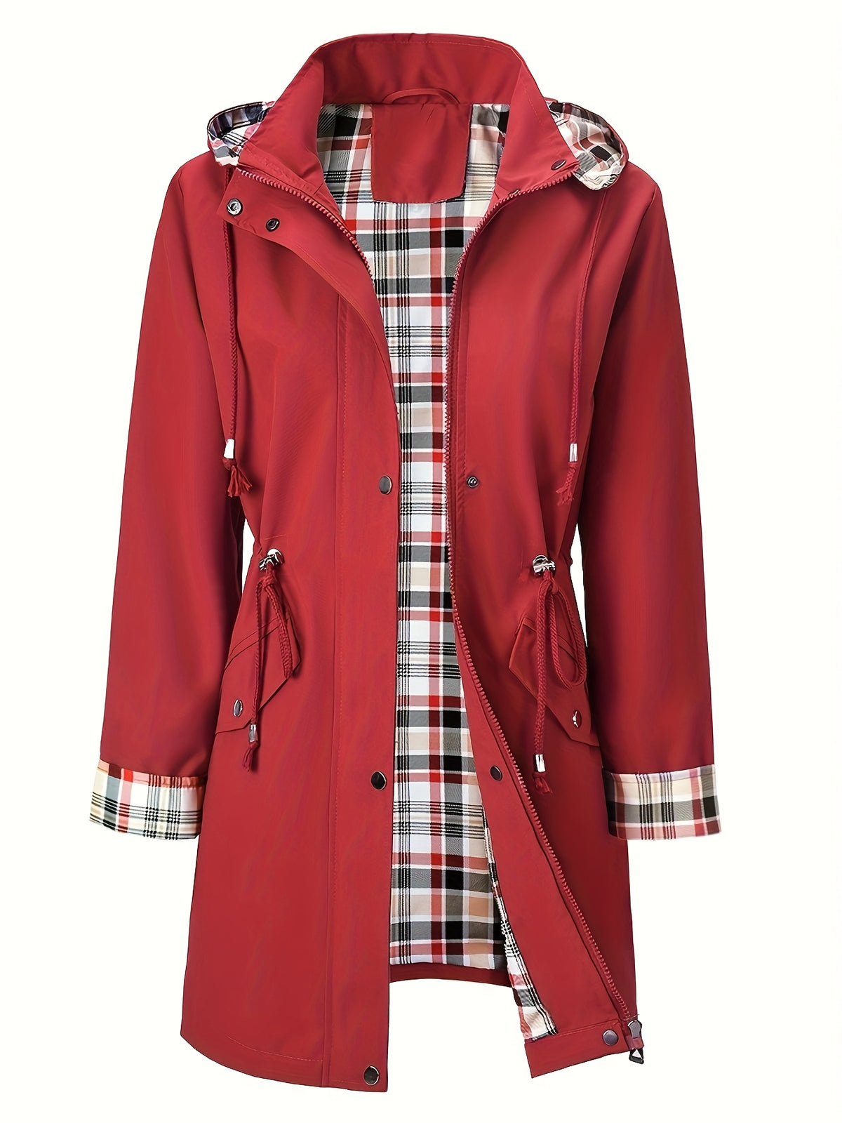Stylish Red Hooded Rainwear Jacket for Women with Plaid Lining Drawstring Waist Zip Front Outdoor Style