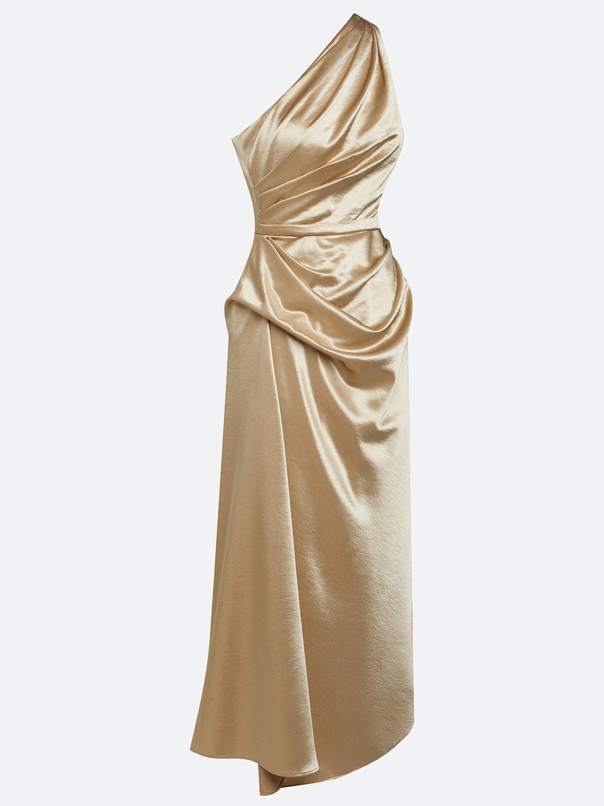 Elegant Champagne Wedding Guest Midi Dress for Women with One Shoulder Ruched Satin Formal Style