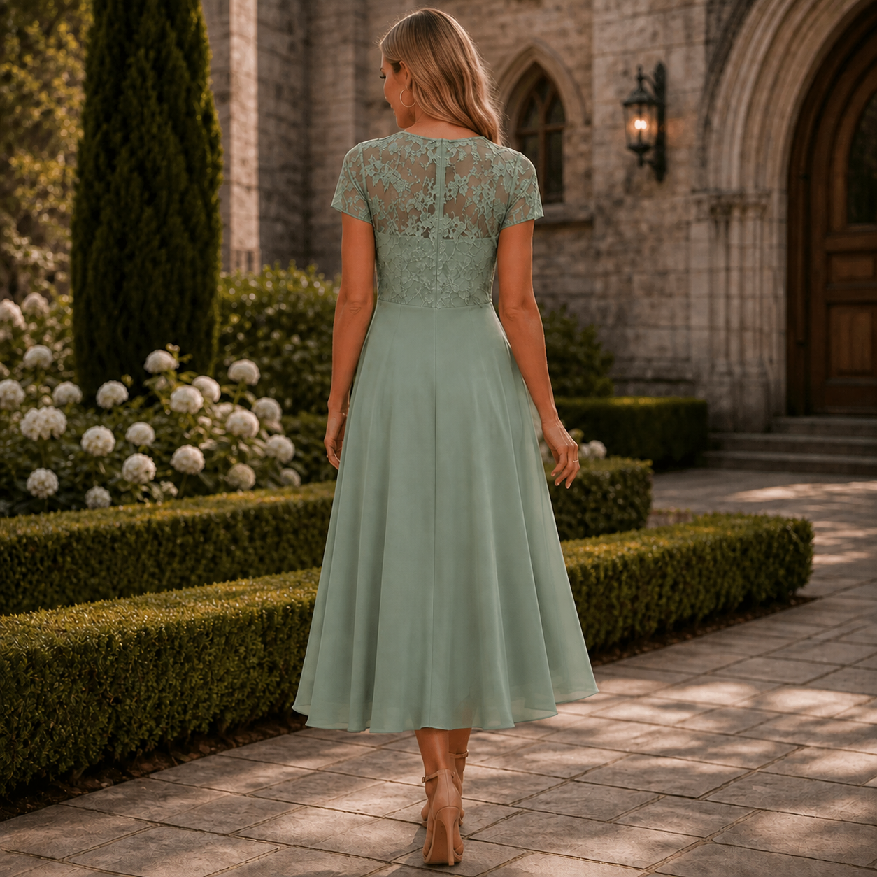 Elegant Lace Midi Dress for Women with Round Neck Short Sleeve Ruffle Hem Fall Wedding Guest Style