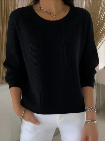 Comfortable Black Sweater for Women with Round Neck Long Sleeve Ribbed Oversized Style