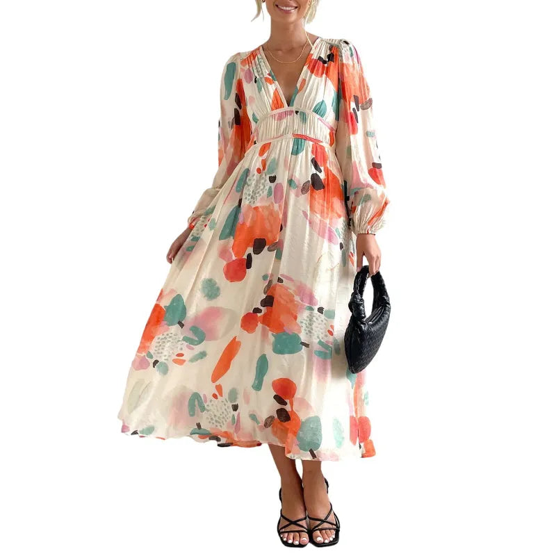 Effortless Floral Midi Dress for Women with V Neck Balloon Sleeve Smocked Waist Flowing Bohemian Style