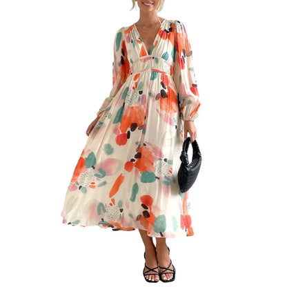 Effortless Floral Midi Dress for Women with V Neck Balloon Sleeve Smocked Waist Flowing Bohemian Style