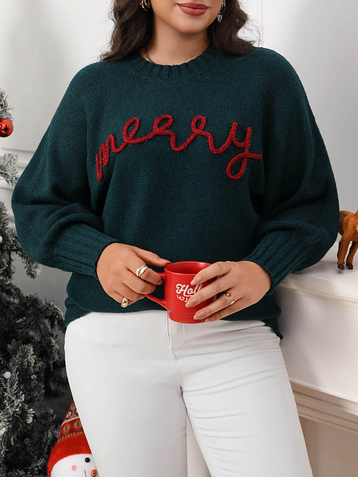 Cozy Green Merry Letter Christmas Tacky Sweater for Women with Crew Neck Long Sleeve Knit Pullover Holiday Style