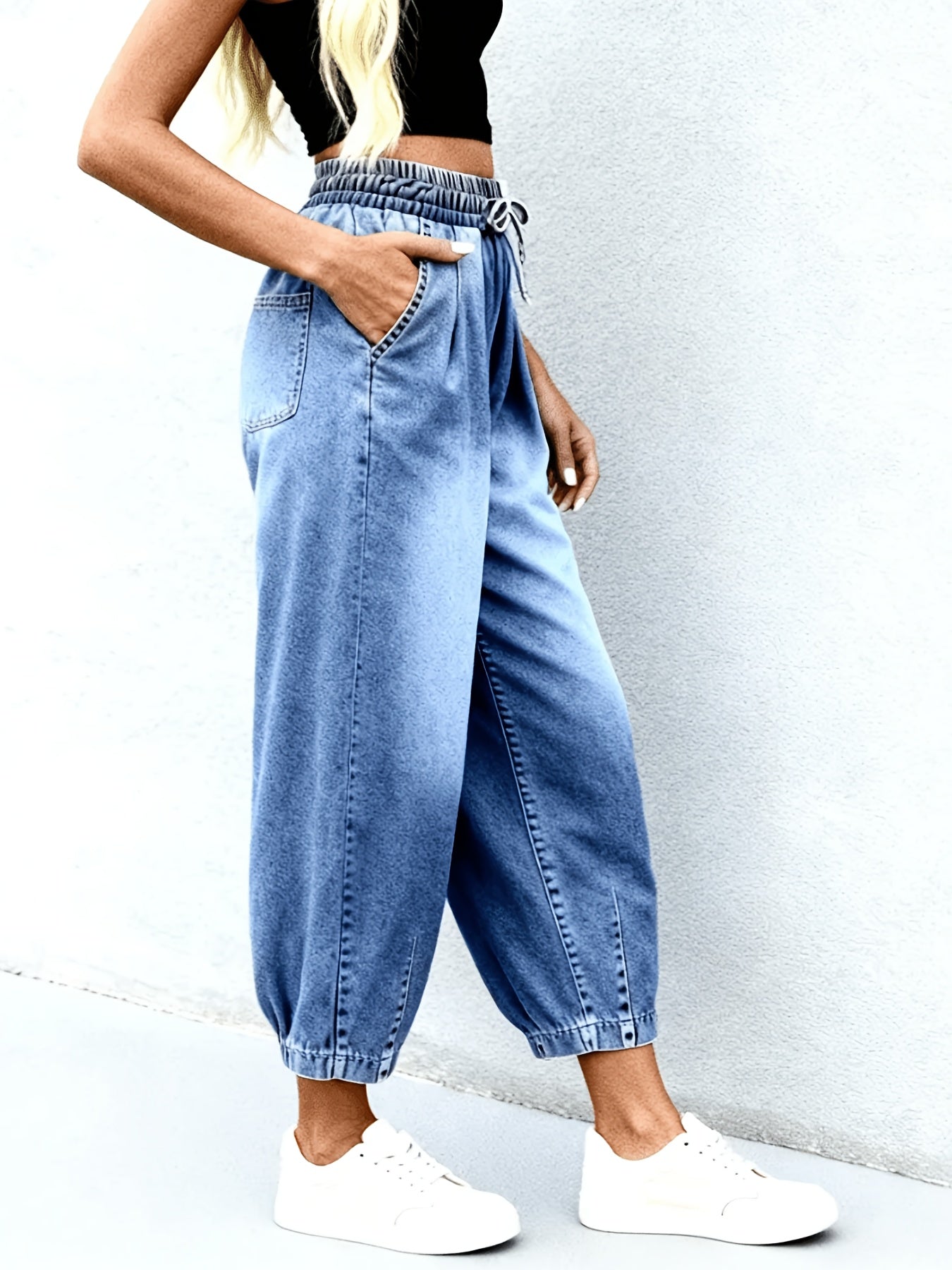 Effortless Light Blue Relaxed Barrel Jeans for Women with Elastic Waist Drawstring Cuffed Hem