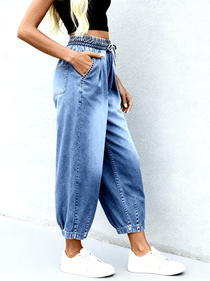 Effortless Light Blue Relaxed Barrel Jeans for Women with Elastic Waist Drawstring Cuffed Hem