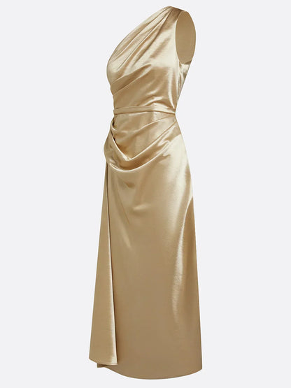 Elegant Champagne Wedding Guest Midi Dress for Women with One Shoulder Ruched Satin Formal Style
