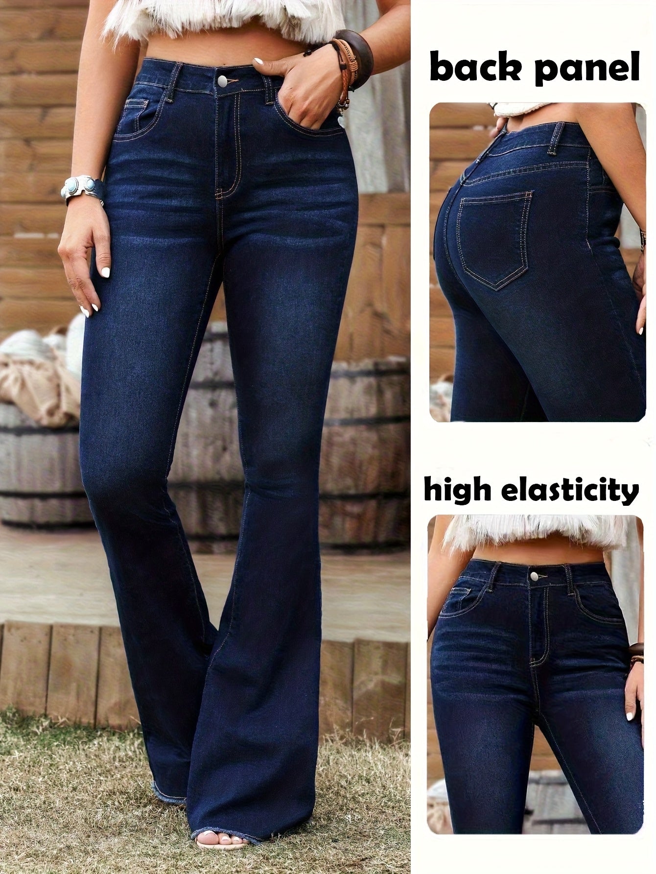 Effortless Dark Blue Flare Jeans for Women with High Waist Stretch Denim Bootcut Western Style