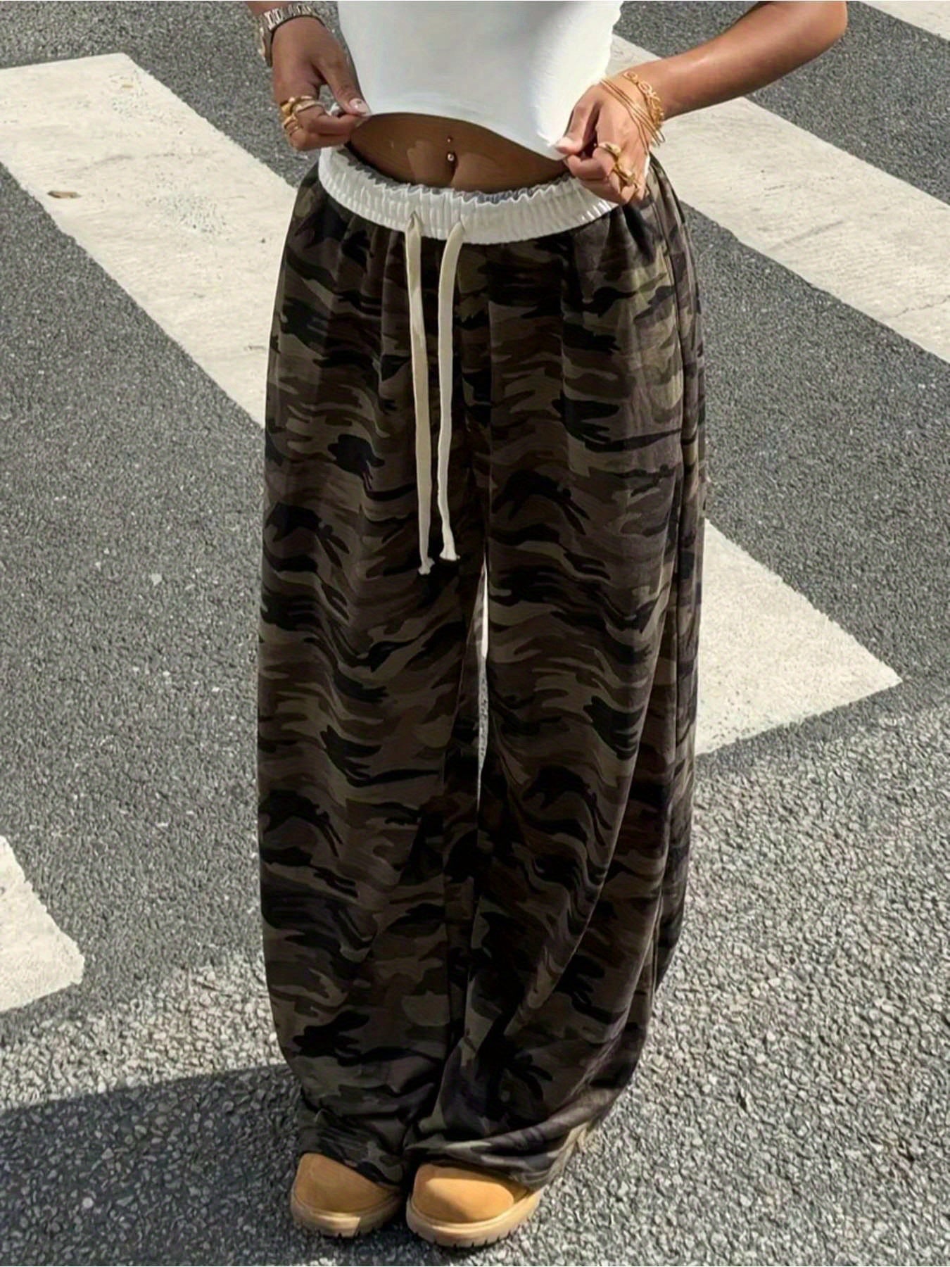 Effortless Army Green Camo Pants for Women with High Waist Drawstring Wide Leg Relaxed Casual Style