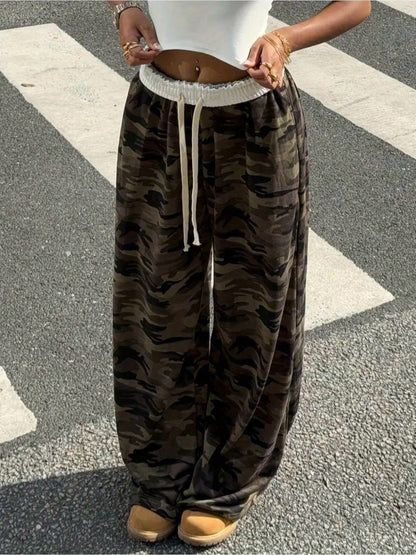 Effortless Army Green Camo Pants for Women with High Waist Drawstring Wide Leg Relaxed Casual Style