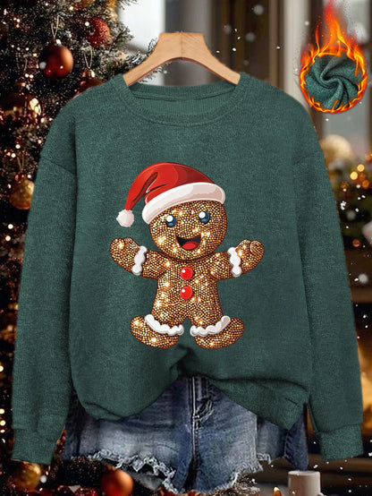Comfortable Gingerbread Print Christmas Tacky Sweater for Women with Crew Neck Long Sleeve Sequin Graphic Pullover Style