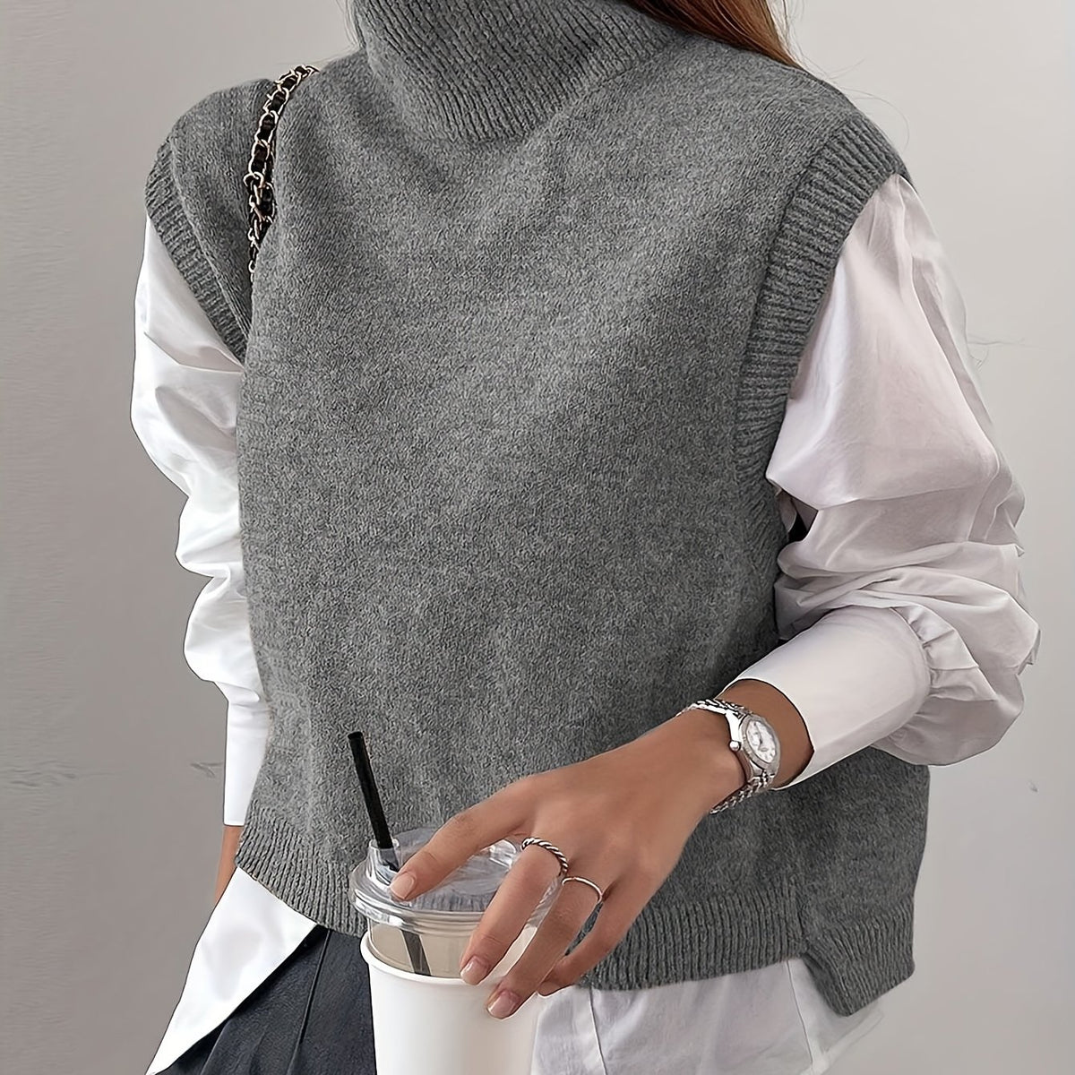 Cozy Sleeveless Turtleneck Vest for Women with High Neck Ribbed Knit Side Slit Style