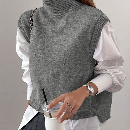 Cozy Sleeveless Turtleneck Vest for Women with High Neck Ribbed Knit Side Slit Style