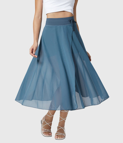 Effortless Sage Green Mesh Skirt for Women with High Waist Drawstring A Line Flowy Style