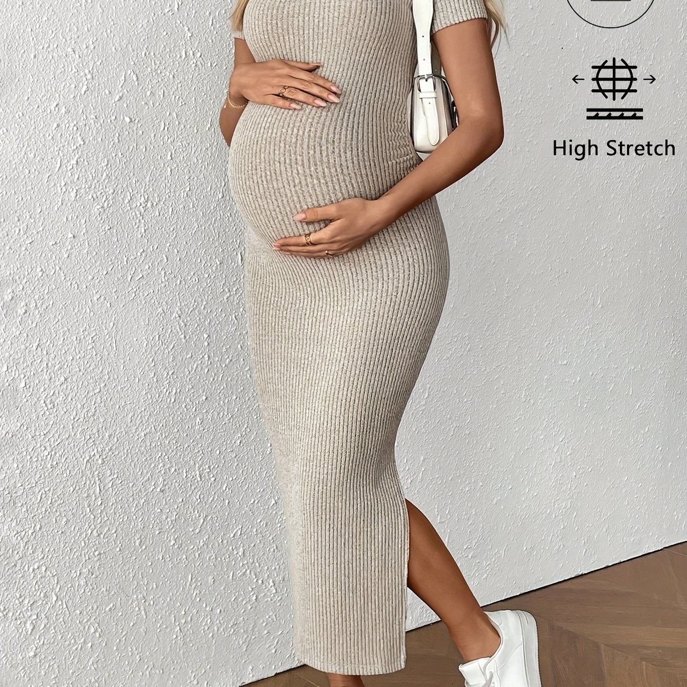 Comfortable Ribbed Knit Maternity Maxi Dress for Women with Square Neck Short Sleeve Bodycon Side Slit Style