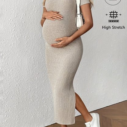 Comfortable Ribbed Knit Maternity Maxi Dress for Women with Square Neck Short Sleeve Bodycon Side Slit Style