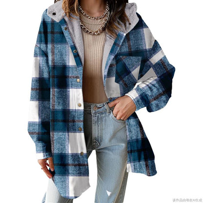 Cozy Plaid Shacket for Women with Hooded Collar Long Sleeve Sherpa Lined Flannel Oversized Style