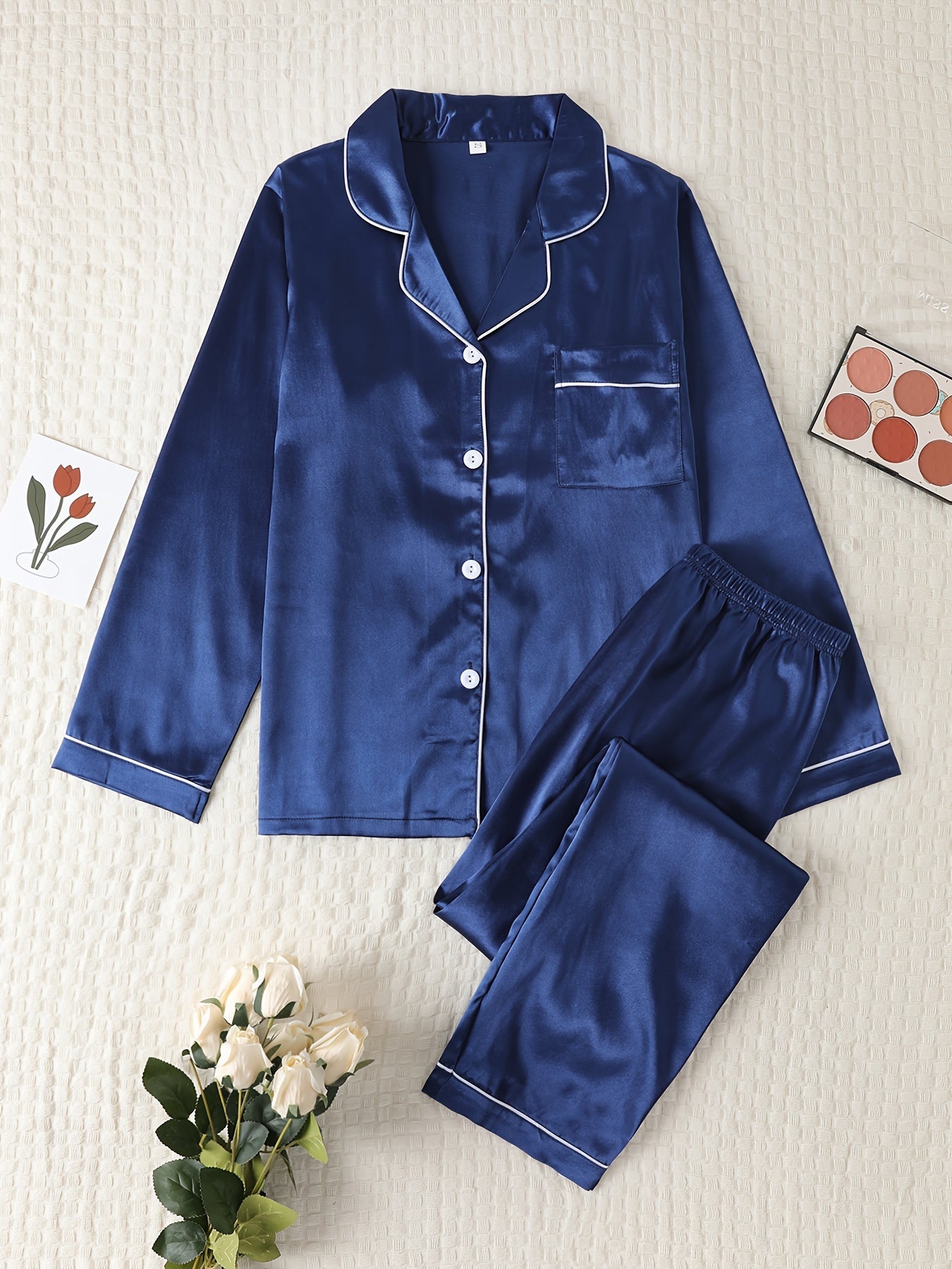 Comfortable Satin Pajamas for Women with Collar Button Front Piping Trim