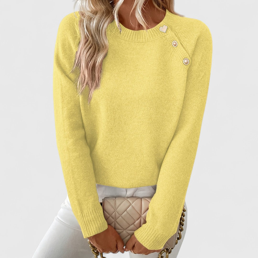 Comfortable Ribbed Knit Sweatshirt for Women with Crew Neck Long Sleeve Pearl Button Detail Style