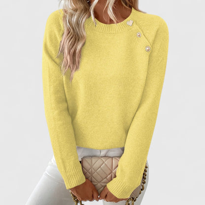 Comfortable Ribbed Knit Sweatshirt for Women with Crew Neck Long Sleeve Pearl Button Detail Style
