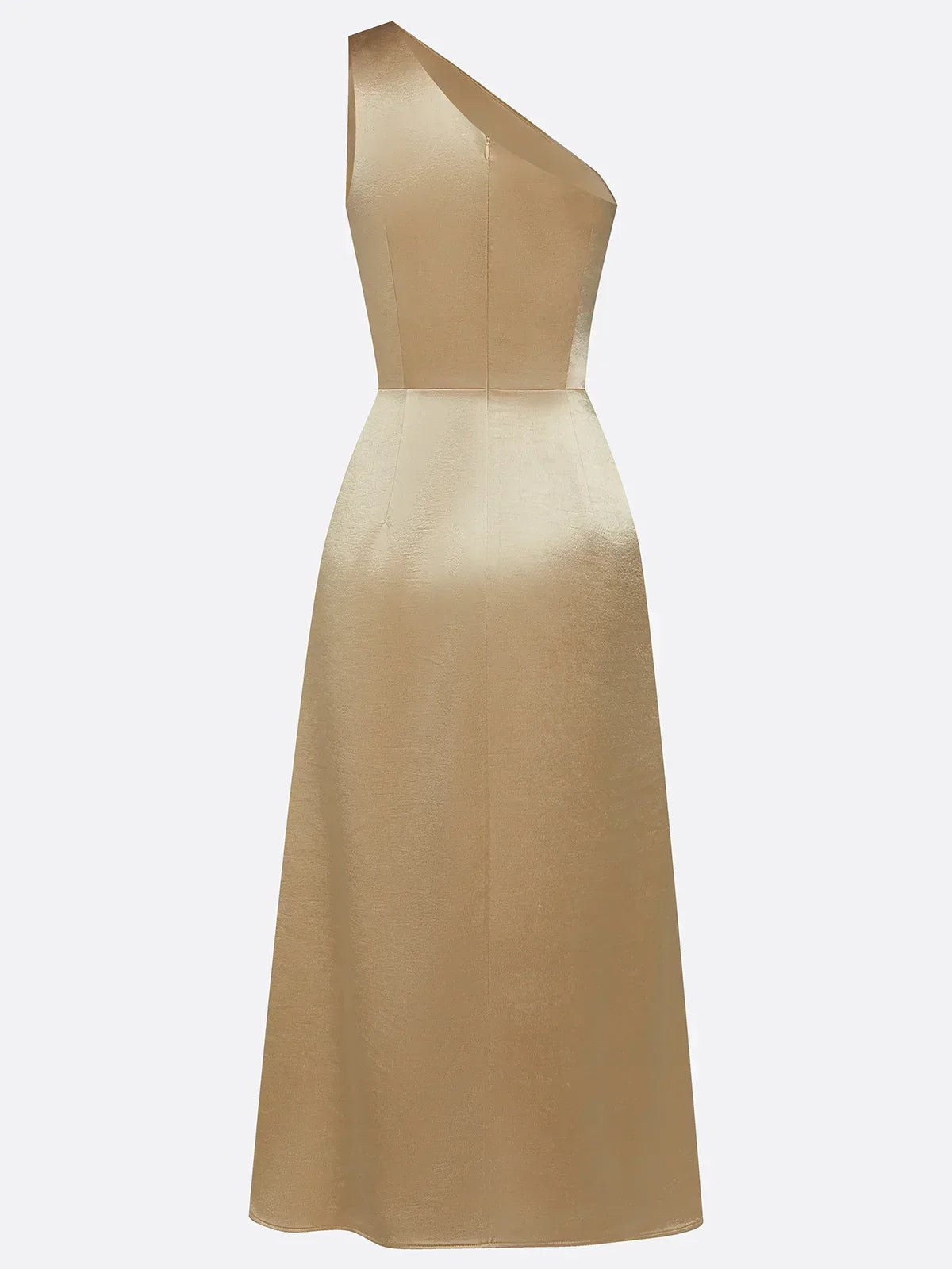 Elegant Champagne Wedding Guest Midi Dress for Women with One Shoulder Ruched Satin Formal Style