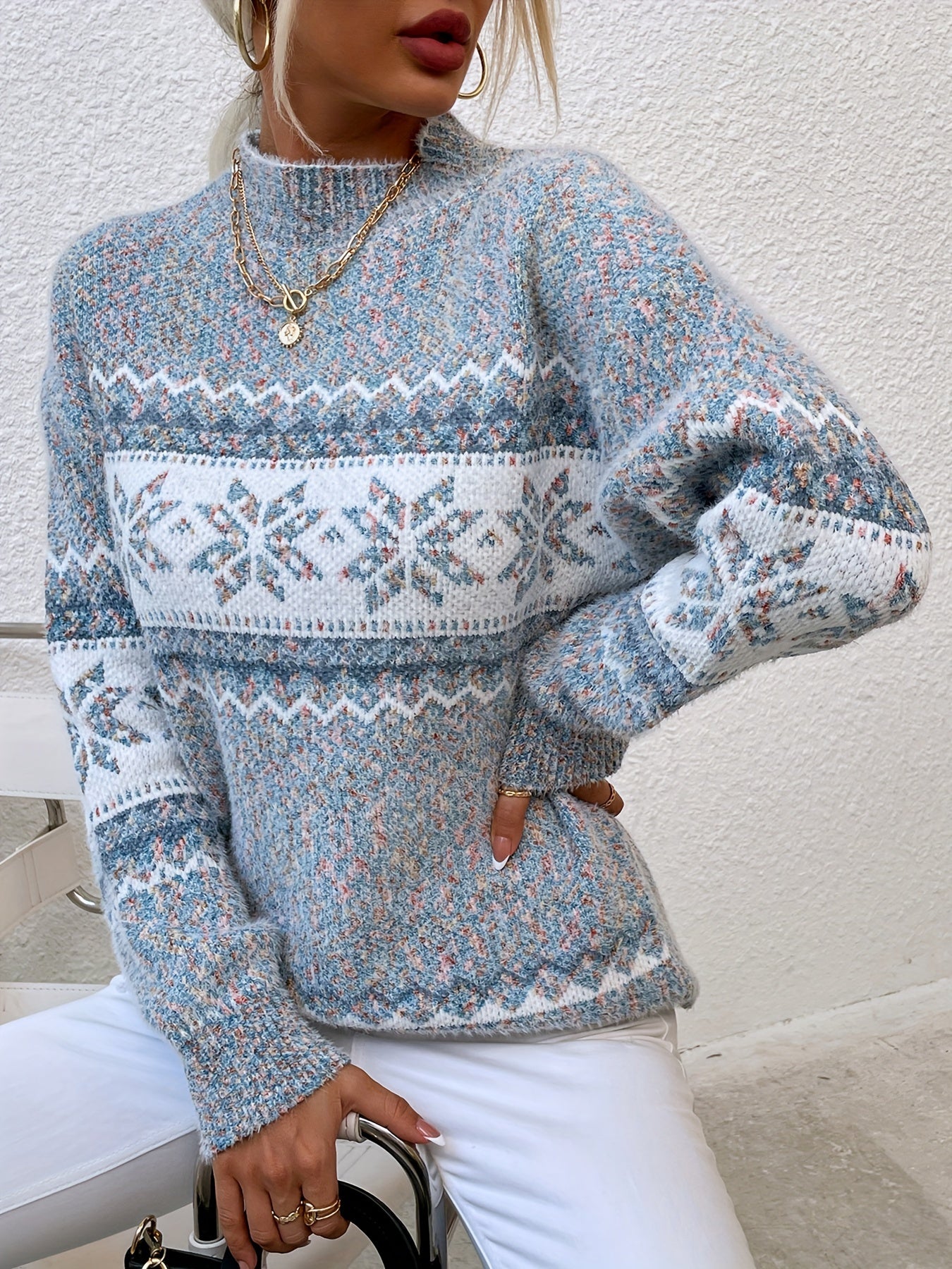 Cozy Women's Christmas Sweater with Mock Neck Long Sleeve Fair Isle Oversized Knit Style