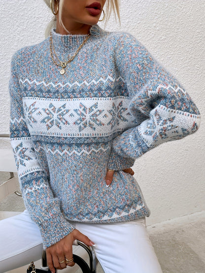 Cozy Women's Christmas Sweater with Mock Neck Long Sleeve Fair Isle Oversized Knit Style