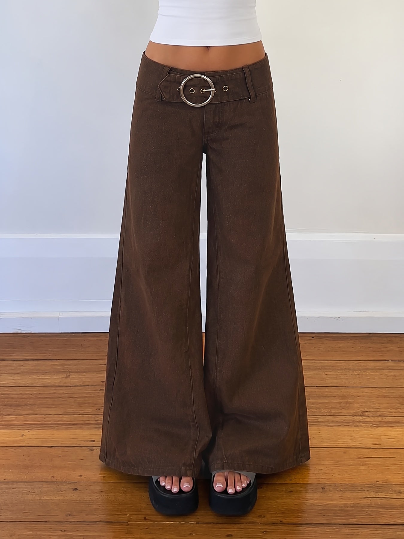 Effortless Dark Brown Buckle Jeans for Women with Low Rise Wide Leg Belted Relaxed Style