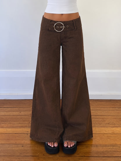 Effortless Dark Brown Buckle Jeans for Women with Low Rise Wide Leg Belted Relaxed Style
