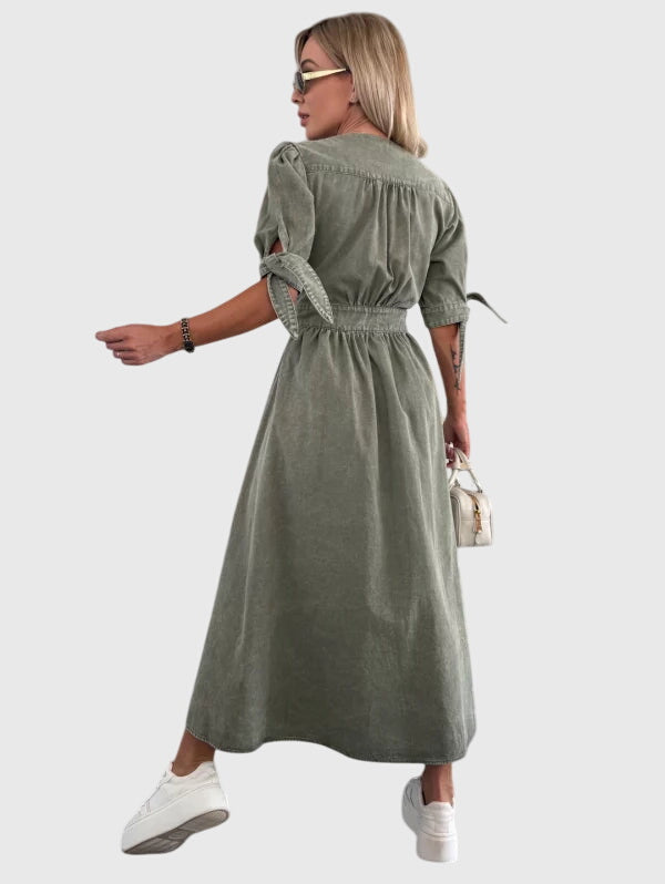 Effortless Denim Midi Dress for Women with V-Neck Button Front Elbow Sleeve Casual Style