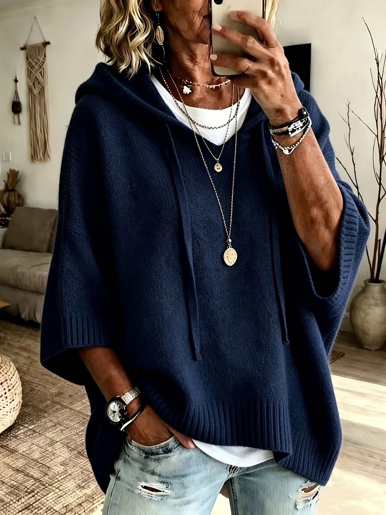 Comfortable Knit Oversized Hoodie for Women with Hooded Neck Half Sleeve Batwing Relaxed Style