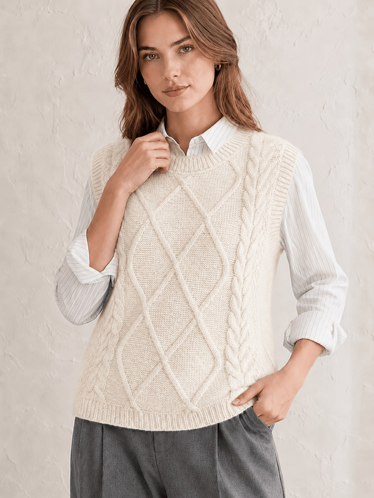 Cozy Cable Knit Sweater Vest for Women with Round Neck Sleeveless Diamond Relaxed Style