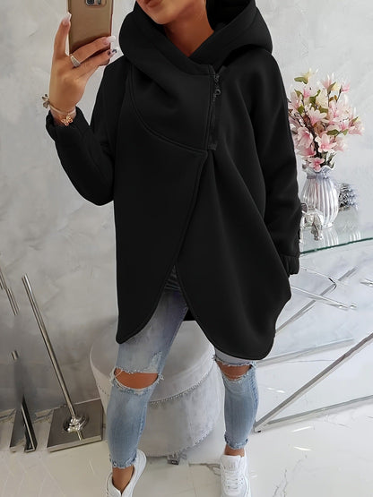 Effortless Fleece Hoodie for Women with Cowl Neck Long Sleeve Asymmetric Tulip Hem Relaxed Style