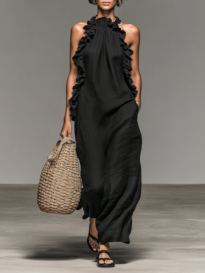 Elegant Black Linen Maxi Dress for Women with Halter Neck Ruffle Trim Sleeveless Casual Summer Style