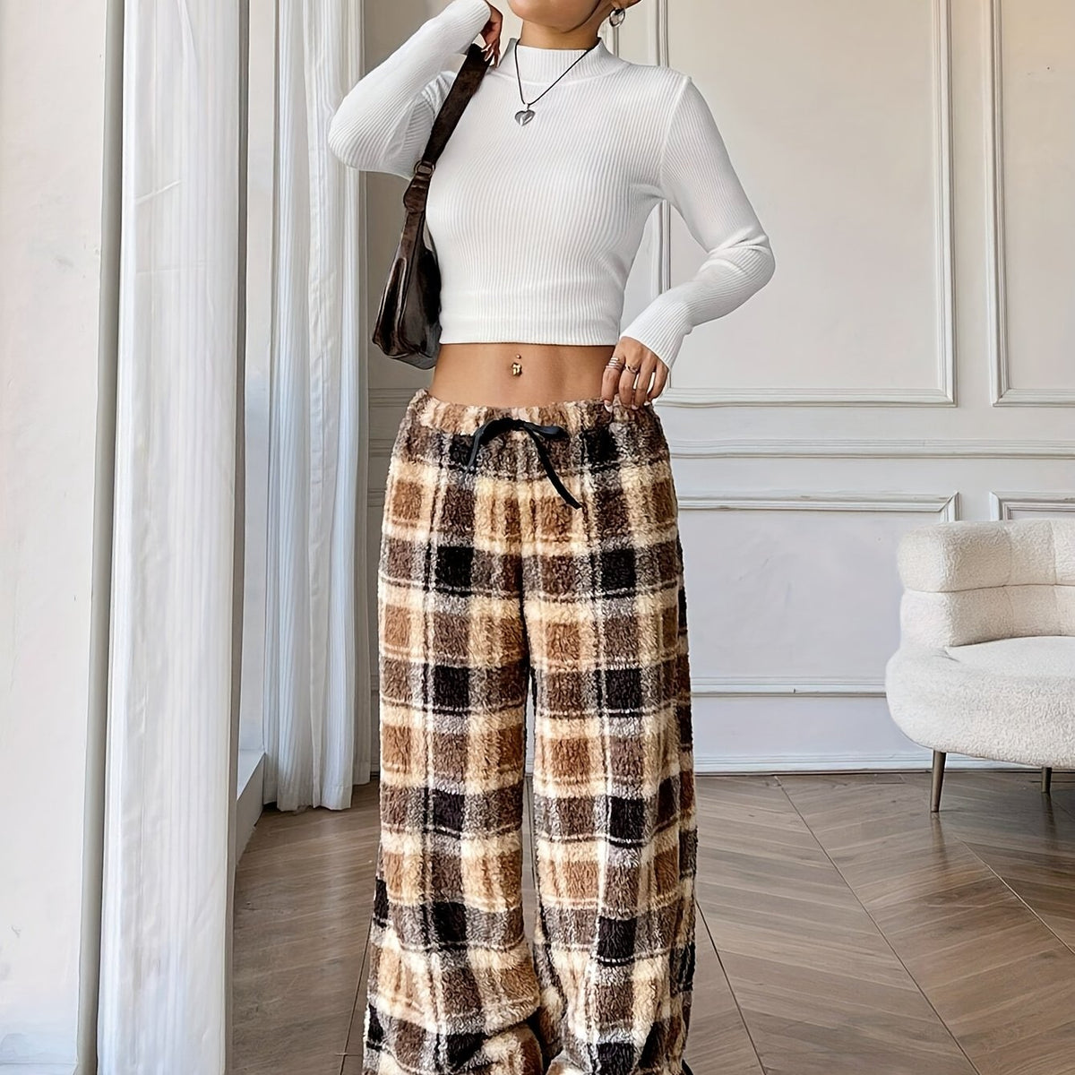 Warm Plaid Fleece Sweatpants for Women with Drawstring Waist Wide Leg Plush Lounge Style